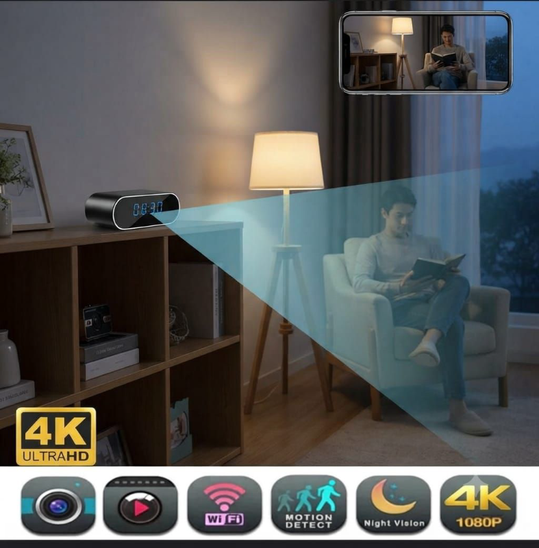 ساعة منبه ذكية بكاميرا 4K للمراقبة بسرية في دمشق