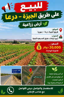 بيع أرض زراعية 4000 م² على طريق الجيزة – درعا بسعر 80,000$