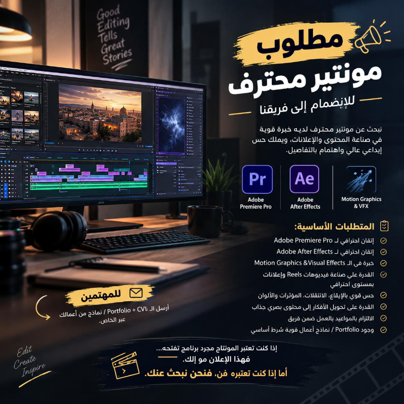 🎬 مطلوب مونتير محترف للانضمام إلى فريقنا