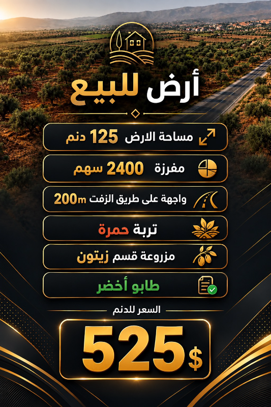 125 دنم أرض زراعية للبيع