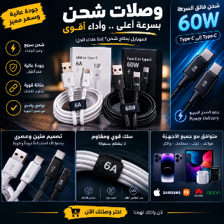 كابل شاحن سرعة 60واط تايب سي طرفين
كابل شاحن 6Aشحن سريع طرف USB_T